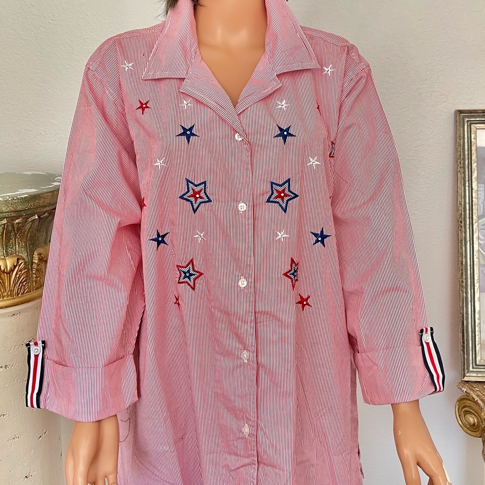 Quizz Woman Plus Size 24 Cotton Button Down Shirt Tunic Stars Stripes Patriotic